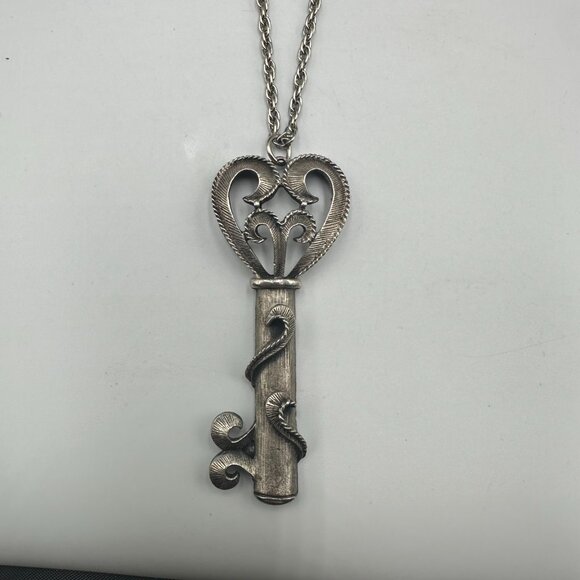 3/$30 Vintage Key Pendant Necklace Silver Ornate Scroll Design Long Chain 30" - Picture 3 of 14